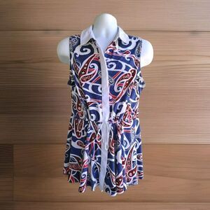 Grace Elements Sleeveless Flare Top XL Paisley Red White Blue Boho Beachy Resort